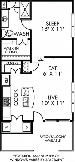 The Barton. 1 bedroom apartment. Kitchen with island open to living/dinning room. 1 full bathroom, shower stall. Walk-in closet. Optional Patio/balcony.