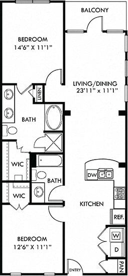 Woodland 2 bedroom apartment. Kitchen with bartop open to living &amp; dining rooms. 2 full bathrooms, double vanity and shower stall in master. Walk-in closet in both bedrooms. Patio/balcony.