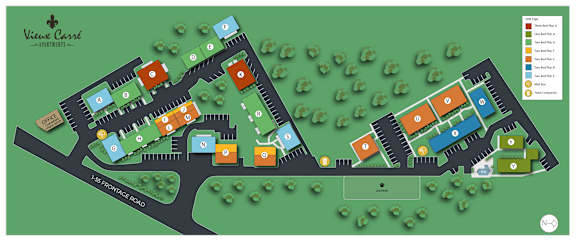 a site plan of a facility with buildings and trees
