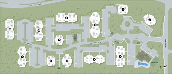 A map of a park with paths and buildings.