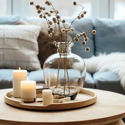 a living room with a table with candles and a vase with flowers