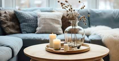 a living room with a table with candles and a vase with flowers