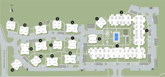 A map shows a layout of a building complex with numbered locations.