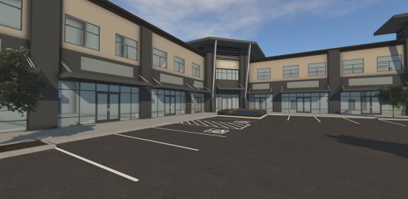 an architectural rendering of the exterior of a building with a parking lot