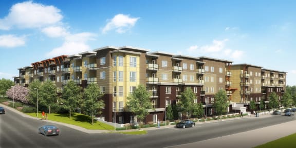 a rendering of an apartment building on a city street