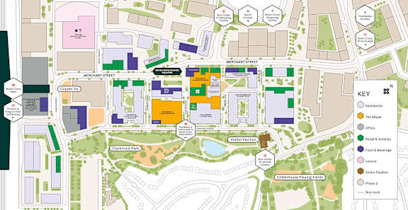 A map of a campus with buildings, roads, and paths.