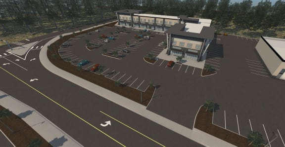 a rendering of a parking lot with a building