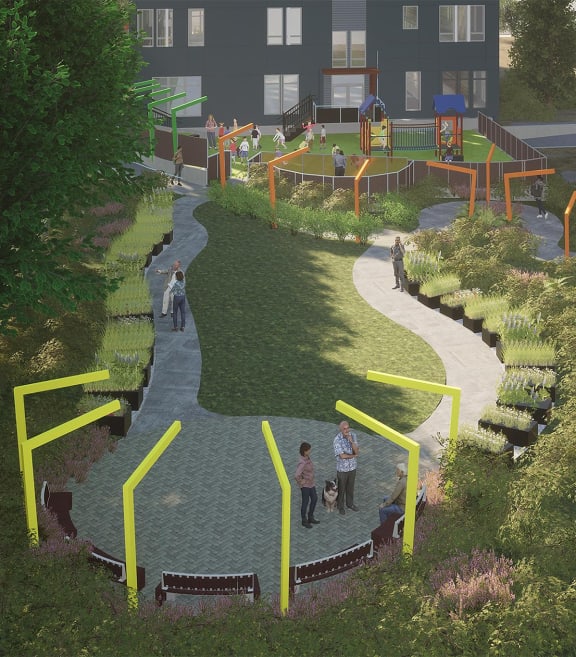 a rendering of a park with benches and grass at Nook at Northaven Apartments, Washington, 98125