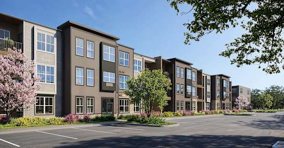 Exterior road view with apartment at The Maverick Luxury Apartments, Monument