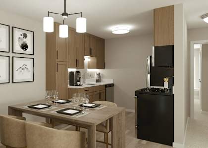 a rendering of a kitchen and dining room in an apartment