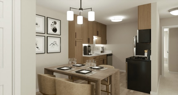 a rendering of a kitchen and dining room in an apartment