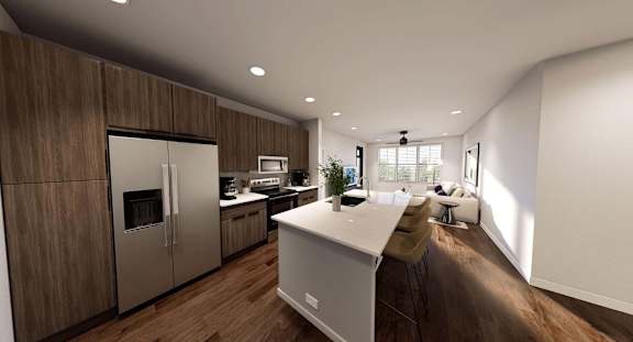 A modern kitchen with wooden cabinets and stainless steel appliances. at Stack at Wheat Ridge Apartments, Apartments, Wheat Ridge, CO
