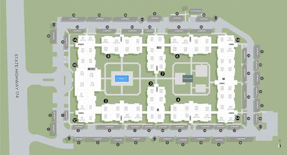 A map of a complex with buildings and roads.