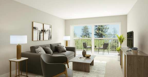 a living room with a couch and a table   and a balcony