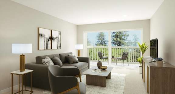 a living room with a couch and a table   and a balcony