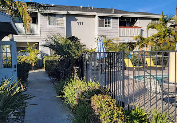 A sunny day at apartment 111 with a pool and palm trees.