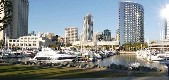 a view of the san diego skyline from the embarcadero