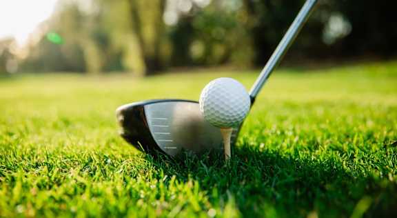 A golf ball on a tee with a driver head behind it, resting on sunlit grass with trees blurred in the background.
