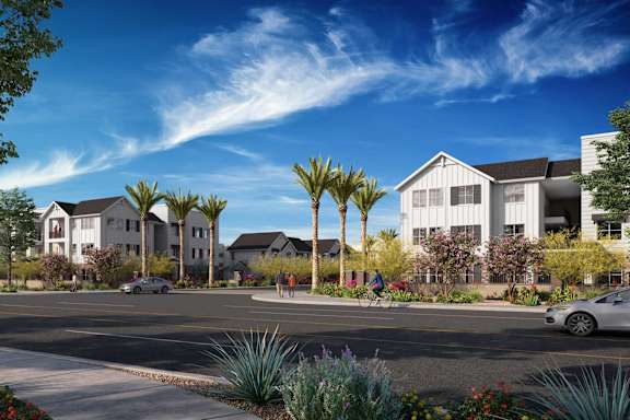 a couple sitting on a couch with their dog at Arterra Apartment, Surprise, AZ, 85374