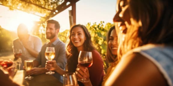 a group of people drinking wine at a vineyard