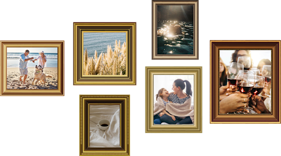 Six Framed Pictures of Family and Drinks