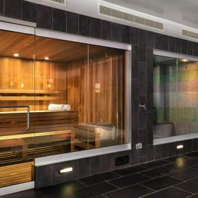 a sauna is seen through a large window