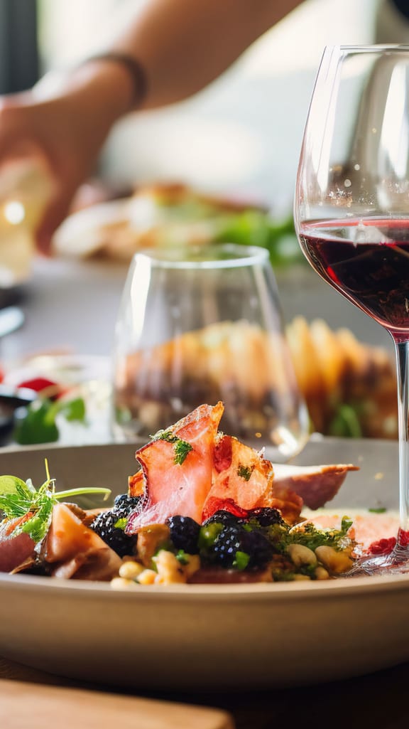 a plate of food and a glass of wine on a table at Nu-Horizons in Copiague, NY 11726