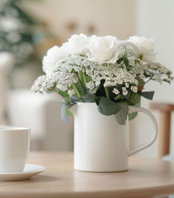 A white cup sits on a saucer next to a white mug filled with white flowers.at Rosswood Villa Apartments, Santa Ana