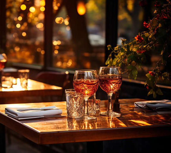 a restaurant table with glasses of wine at Walden Pond in East Moriches, NY 11940