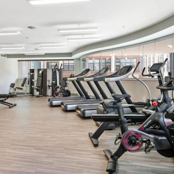 a row of exercise bikes and elliptical trainers in a fitness room