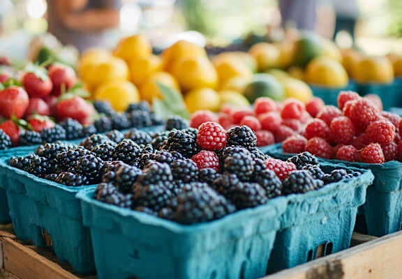 various baskets of berries at a farmers market