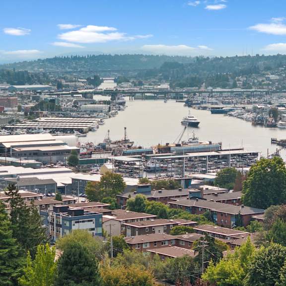 A view of a city with a river running through it.