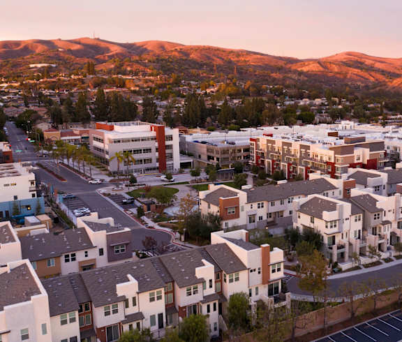 Aerial view of city at Brea Grove Residences Apartments, California, 92821