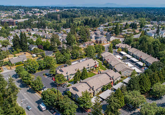 an aerial view of a neighborhood with houses and trees at Quartz Creek, Washington, 98043