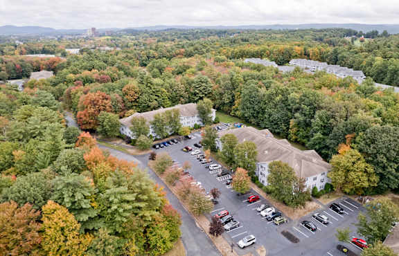 an aerial view of a neighborhood with houses and trees