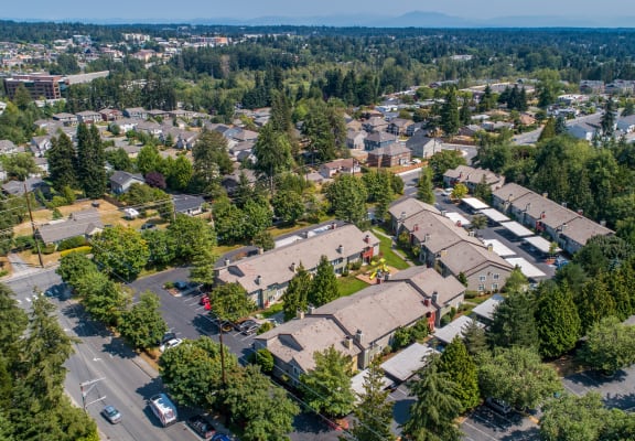 an aerial view of a neighborhood with houses and trees at Quartz Creek, Washington, 98043