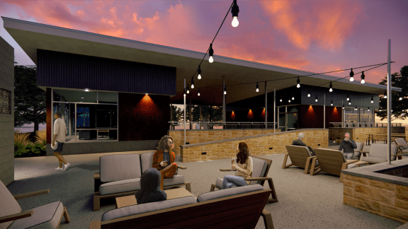 a rendering of the lobby of a building with people sitting on couches and chairs