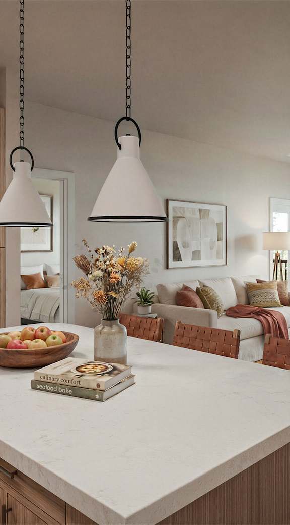 A kitchen with wooden cabinets and a white island with a book on it.
