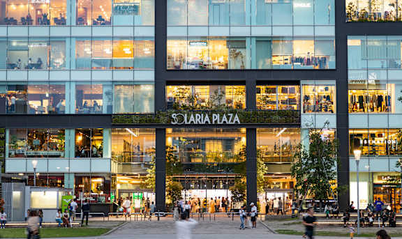 A large building with the words "SOLARIA PLAZA" on it.