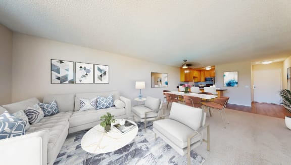 a living room and dining room with couches and a table at Marina Harbor, California
