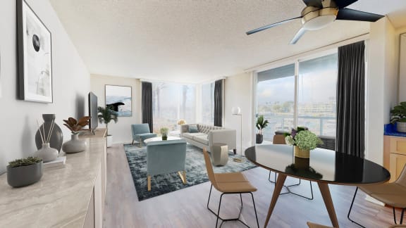 a living room and dining room in an apartment at Marina Harbor, Marina del Rey, CA, 90292
