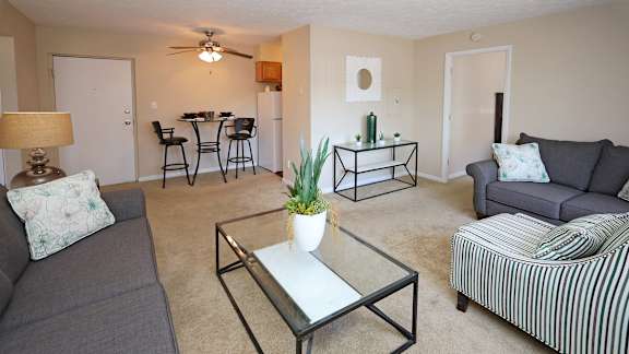 A living room with a grey couch, a coffee table, and a dining table with chairs.