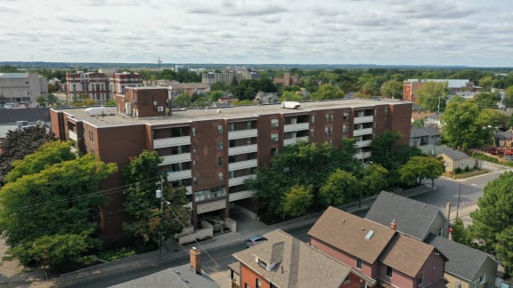 an aerial view of a large building in a city