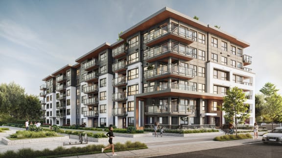 a rendering of a large apartment building with people walking on the sidewalk