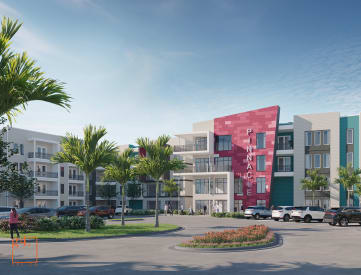 a rendering of an apartment building with a red facade on a street  at Pinnacle Apartments, Jacksonville, FL, 32256