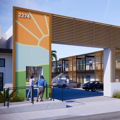 A modern apartment complex named Mesa Vista is depicted in the image.