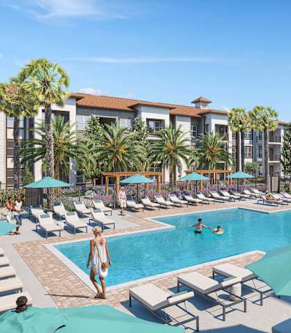 A pool area with people relaxing and a building in the background at Maison at Solivita Marketplace Apartment Homes, Florida