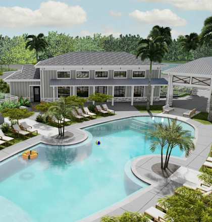 A pool surrounded by palm trees and lounge chairs at Verity Luxury Apartment Homes Apartments, Vero Beach, FL