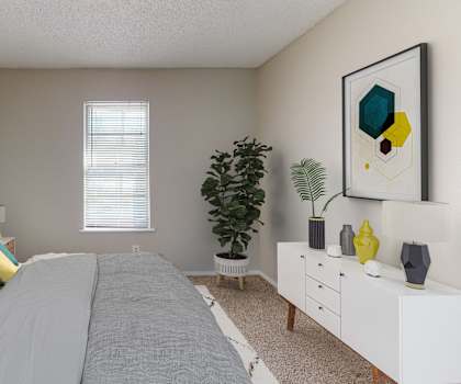 A bedroom with a bed, two nightstands, a dresser, and a plant.