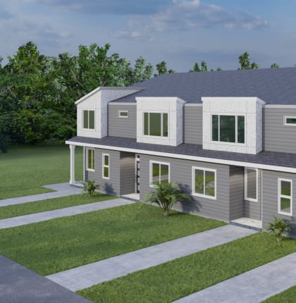 a rendering of a house with gray siding and a gray roof and a lawn at Thrive at Green Mountain, Washington